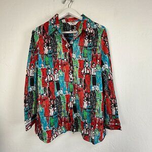 1970s Vintage Mr. Alex Colman Novelty Art People Print Button Down Disco Shirt